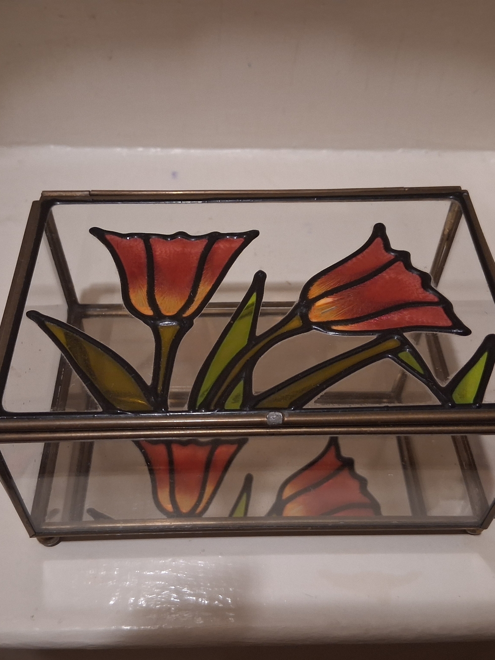 Vintage Brass & Stained Glass Jewelry Box